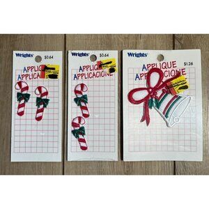 Lot 3 Vintage Wrights Applique Christmas Holiday Candy Cane Bell Ribbon Patches